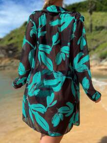 Swim SXY 夏季海滩纯色褶皱吊带背心和全身印花三角泳裤搭配长袖罩衫比基尼套装（全身印花图案随机） - 彩色 - 查看 2