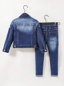 SHEIN Young Boys 2pcs/Set Blue Street Cool Distressed Ripped Frayed Long Sleeve Denim Jacket And Elastic Waistband Cargo Pocket Slim Fit Jeans Set,Casual And Versatile For Young Boys Fall/Winter Daily Wear Clothes Denim Set For Kidsdenim Young Boys Sets - Dark Wash - View 2