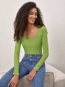 SHEIN BASICS Women's Solid Color Round Neck Long Sleeve Casual Tops - Green - View 4