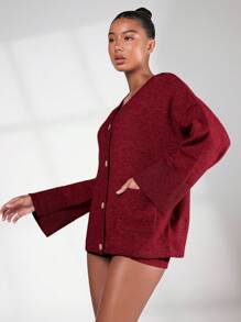 SHEIN BASICS Cárdigan de mujer de unicolor con bolsillos, informal para otoño/invierno