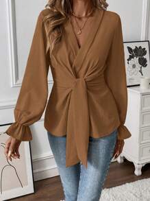 Chiquease 1pc Women's Autumn Solid Color Waist Tie Lantern Sleeve Blouse - Khaki - View 6