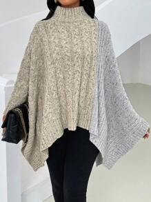 SHEIN Clasi 女士纯色拼接立领简约毛衣，休闲日常穿着，秋冬针织套头衫 - 灰色 - 查看 5