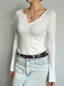 DAZY Débardeur slim femme de couleur unie, blanc, hauts pour femmes à manches longues pour le printemps/été - Blanc - Voir 7