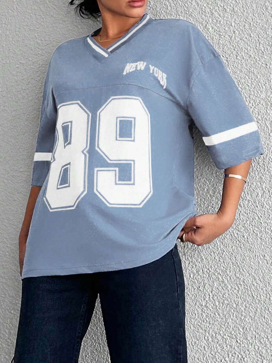 Cottnline V-Neck Striped Print Casual Versatile Short Sleeve T-Shirt - Baby Blue - View 1