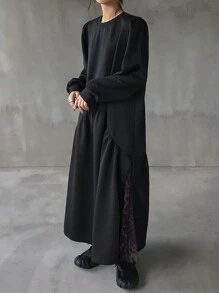 FRIFUL Women's Round Neck Long Sleeve Mesh Contrast Midi Dress,Fall Dress - Black - View 2