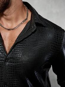 Manfinity Roughcore Áo sơ mi nam tay dài in họa tiết da cá sấu trơn màu thời trang, dành cho mùa thu, bạn bè, mùa thu - màu đen - Xem 3