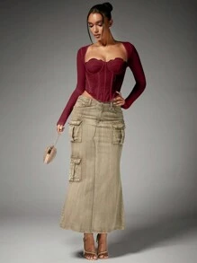 SHEIN BAE Áo cánh dài tay ôm vừa vặn cổ tim ren quyến rũ cho nữ - Màu Đỏ Sâu - Xem 6
