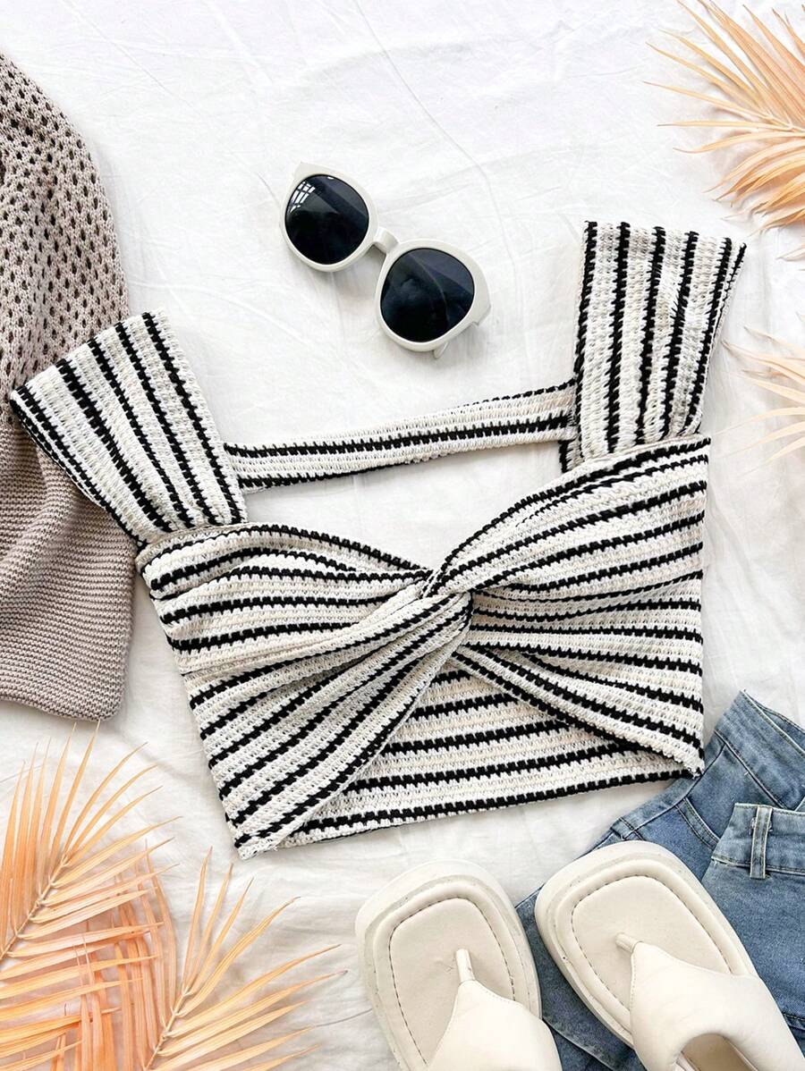 Soleia WYWH 女士度假针织条纹扭纹前心形领露背 T 恤 - 彩色 - 查看 1