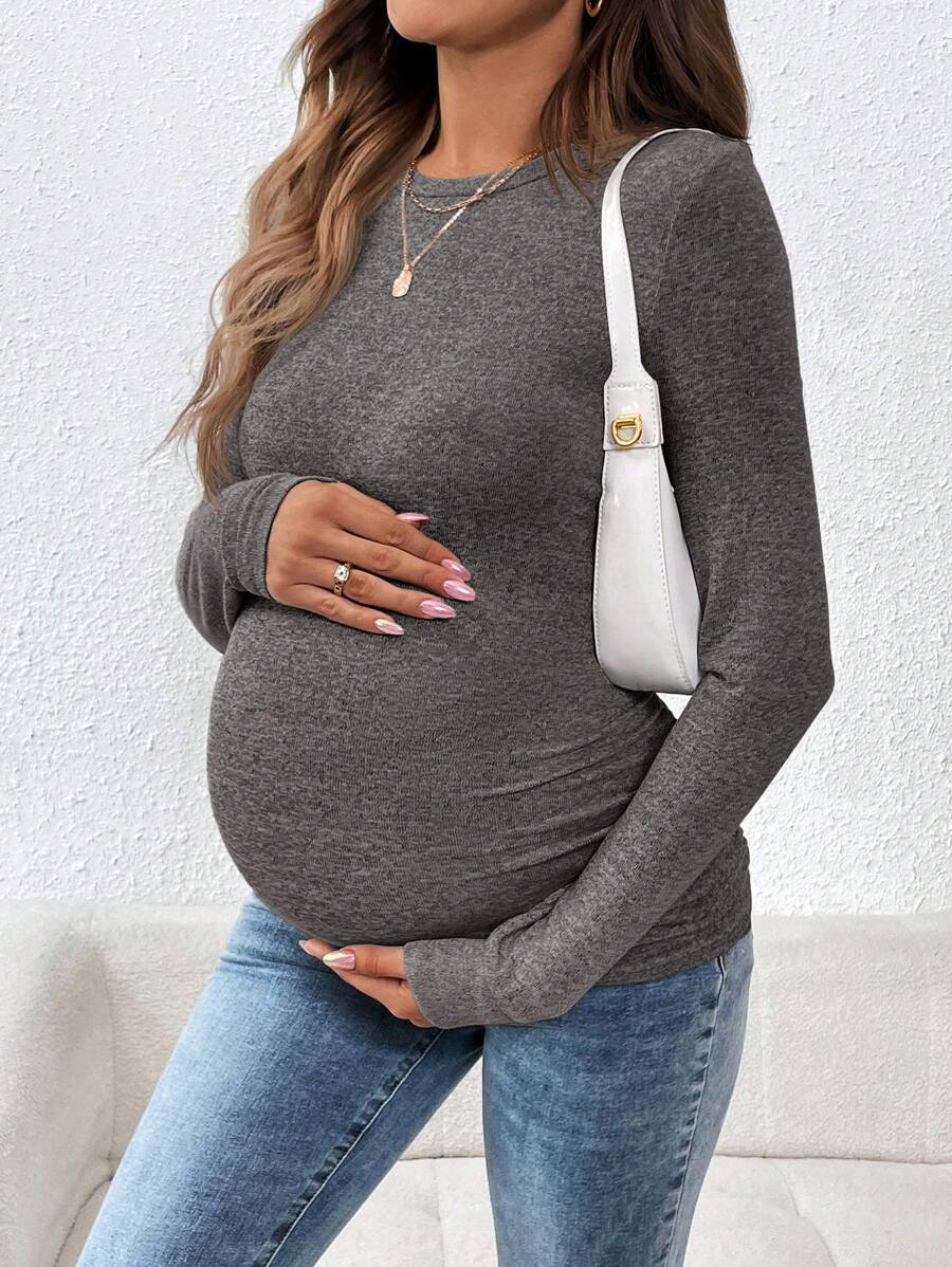 SHEIN Maternity Round Neck Long Sleeve Fitted T-Shirt, Autumn - Dark Grey - View 1