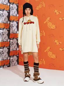 GARFIELD | SHEIN 女士休闲卡通字母印花落肩宽松抽绳连帽短款卫衣连衣裙，春秋 - 杏色 - 查看 5