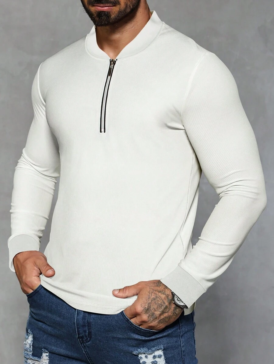 Manfinity Homme Camisa polo de media cremallera de manga larga, unicolor, casual y versátil - Blanco - Ver 1