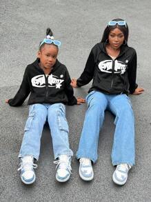 Tween 女孩超大针织连帽运动衫，保暖内衬，星星印花，母子装（2 件单独出售）