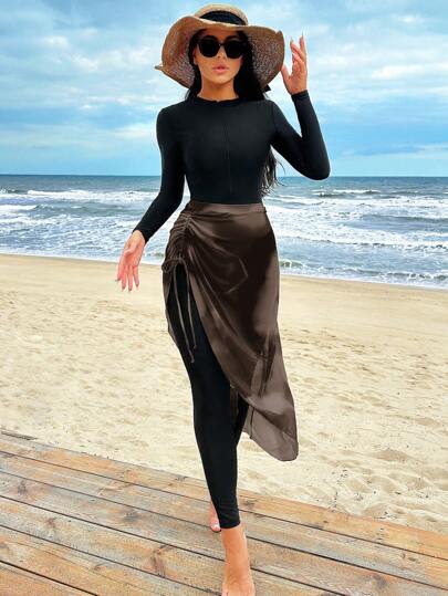 Swim Shayni 1 conjunto Roupa Casual Combinada de Maiô Bikini de Manga Longa com Decote Tripulação e Saia, Roupa Árabe de Verão