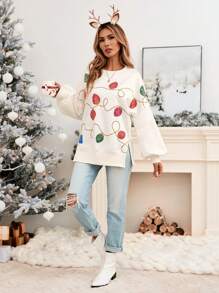 SHEIN LUNE Christmas Neon Lights Print Crew Neck Slit Cuff Long Sleeve Sweatshirt For Women, Casual Winter Christmas Sweatshirt Sudaderas Moletom Crewneck Sweatshirt Christmas Sweatshirt Women