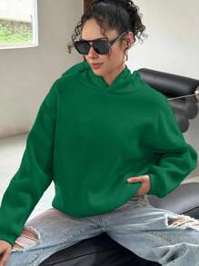 INAWLY Women's Casual Drop Shoulder Long Sleeve Loose Hoodie Sweatshirt, Solid Color, Fall/Winter - Dark Green - View 1