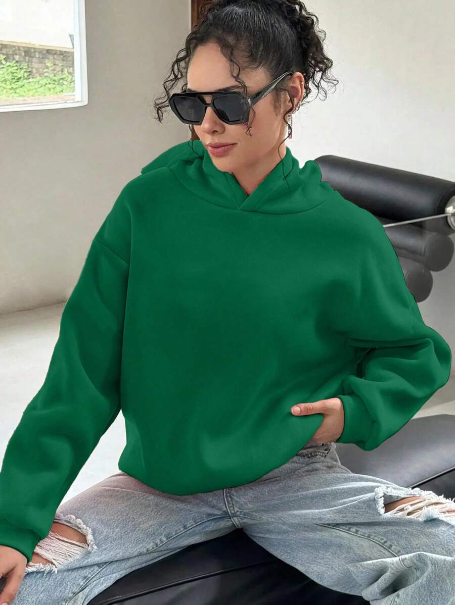 INAWLY Women's Casual Drop Shoulder Long Sleeve Loose Hoodie Sweatshirt, Solid Color, Fall/Winter - Dark Green - View 1