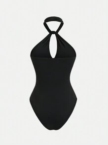 SHEIN Unity 1 件女式纯色挂脖式简约修身紧身衣，休闲日常穿着 - 黑色 - 查看 2