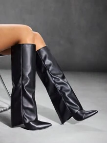 CUCCOO SZL 女士时尚性感经典黑色铆钉高跟尖头拉链长靴，适合春季、春假、复活节和圣诞节穿着。 - 黑色 - 查看 9