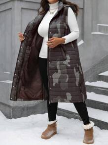 SHEIN LUNE Quần áo mùa đông cỡ lớn in họa tiết camo có khóa kéo bên hông không tay có mũ trùm đầu có đệm - xanh quân đội - Xem 6