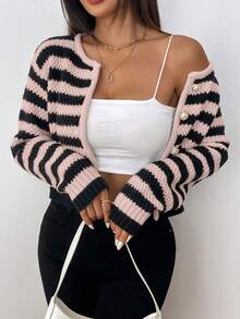 SHEIN PETITE Áo khoác cardigan sọc dài tay cài nút phía trước dành cho nữ, mặc hàng ngày - Màu Hồng baby - Xem 6