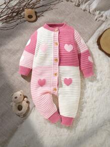 SHEIN 女婴梦幻粉色，饰有甜心点缀，优雅圆领长袖连体衣设计，为宝宝打造休闲风格，柔软温暖，展现可爱魅力 - 粉色 - 查看 5