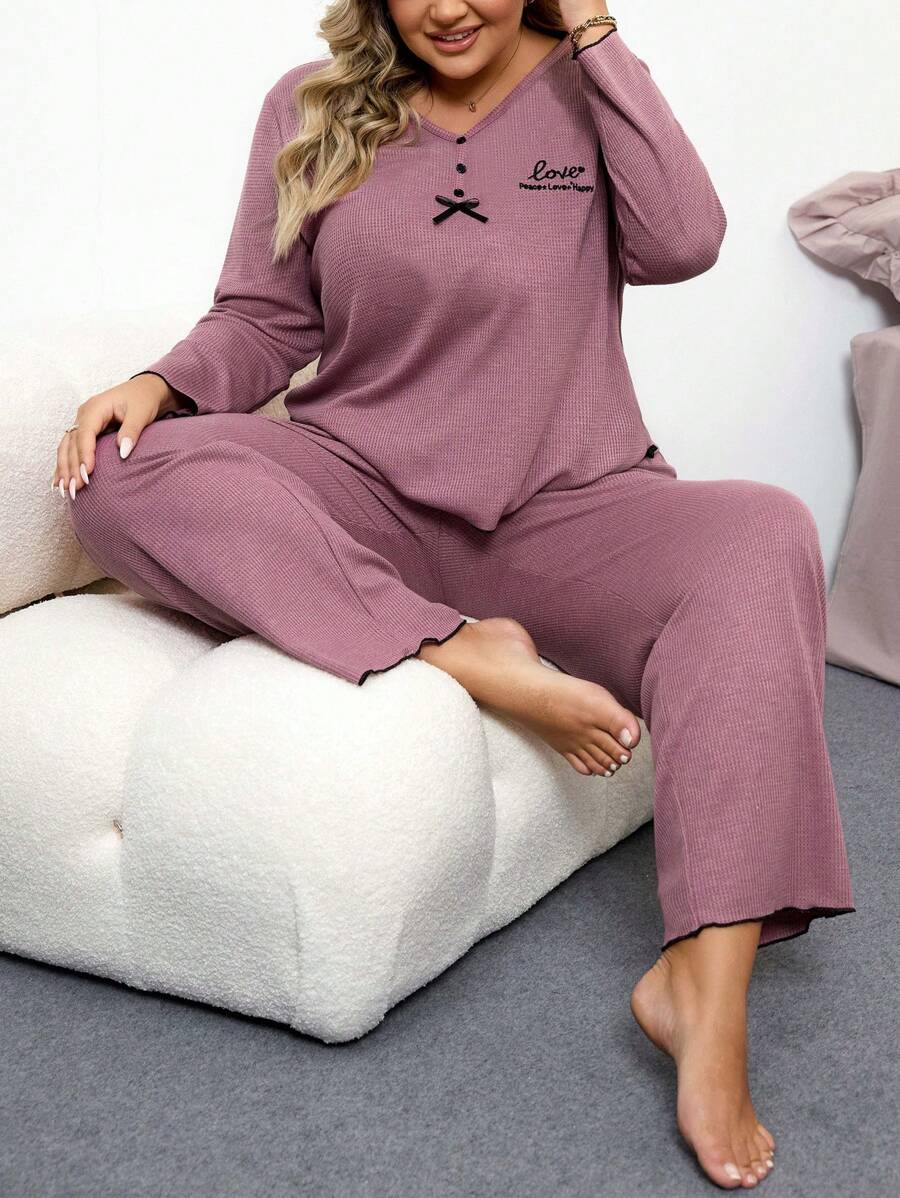 Plus Size Embroidery Waffle Knit Long Sleeve Sleepwear Set - Dusty Pink - View 1