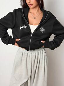 SHEIN EZwear 1pc Women Solid Color Knit Hooded Long Sleeve Loose Fit Sweatshirt - Black - View 6