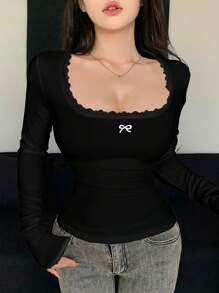 DAZY Lace Trim U-Neck Tight Fitting Long Sleeve Women's T-Shirt - Black - View 3