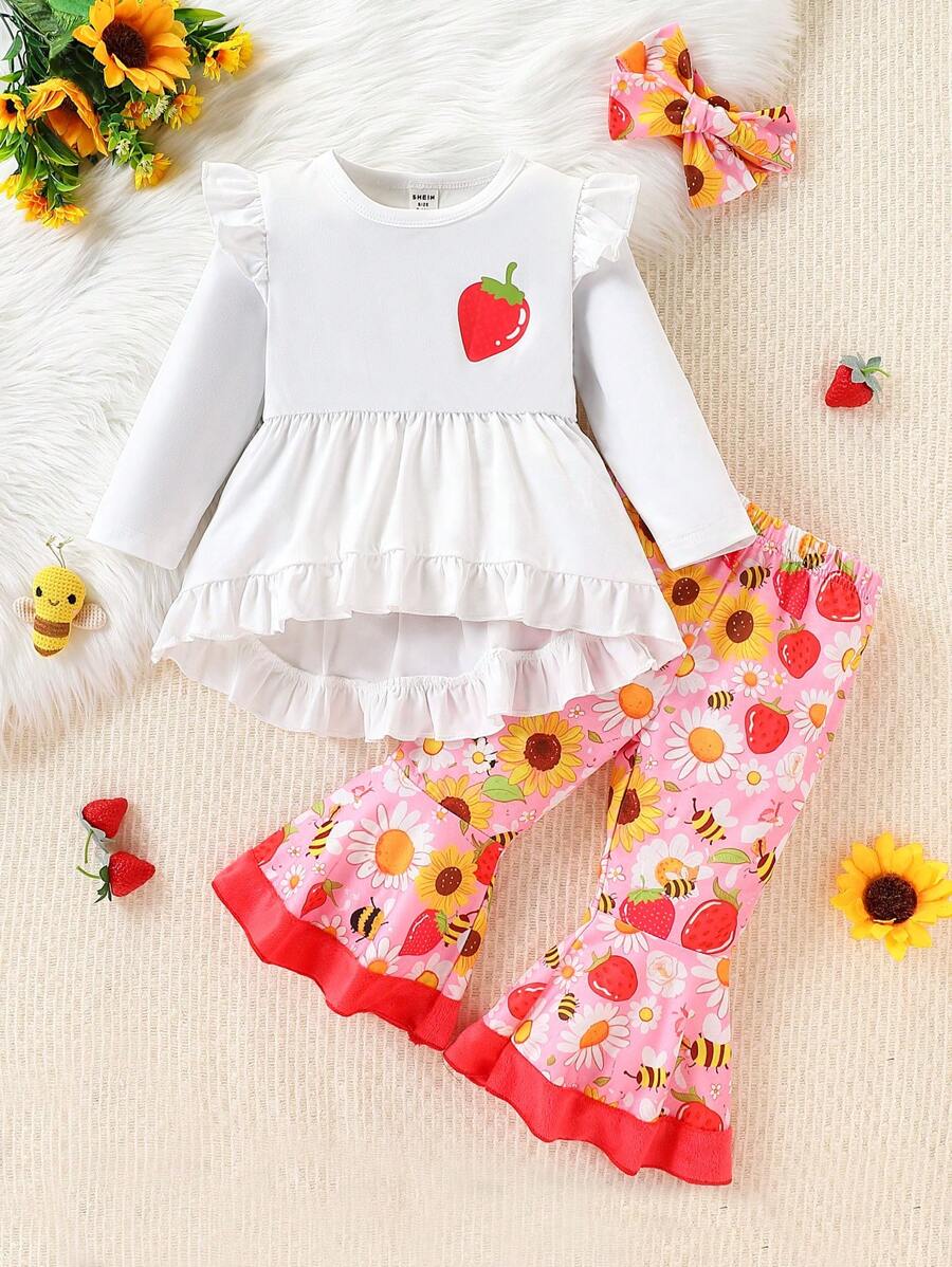 SHEIN Conjunto de ropa de Navidad para bebé niña con estampados de corazón, globo y copo de nieve, incluyendo diadema, para otoño/invierno - Multicolor - Ver 1
