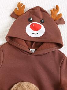 SHEIN 休闲可爱驯鹿角图案宽松保暖卫衣，适合男婴女童，秋冬季节穿着，圣诞节理想之选，时尚休闲学院风 - 棕色 - 查看 6
