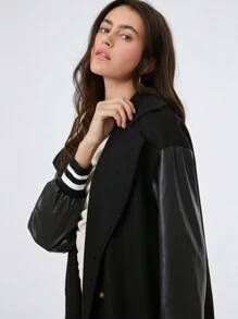 SHEIN EZwear Abrigo cruzado de doble botonadura con hombros caídos y bloques de color, ropa de invierno - Negro - Ver 4