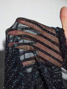 HEAVINZ LANE Designer Shiny Glitter Mesh Stripe Romper With Plain Black Skinny Romper Set, For Party, Holiday Outfit, Festival - Black - View 8