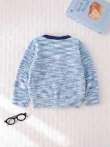 Cozy Pixies Young Boy Contrast Color Pocket Crew Neck Long Sleeve Pullover Sweater - Blue - View 2