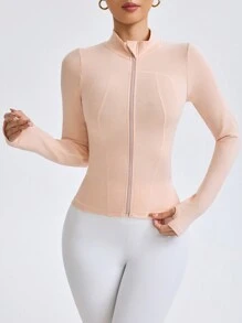Damen Sportjacke mit durchgehendem Reißverschluss, einfarbig, Langarm, mit Kragen