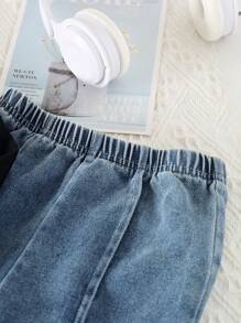 SHEIN 2pcs Young Girl Fashion Elegant Bowknot & Letter Print Round Neck Loose Drop Shoulder Sweatshirt And Elastic Waist Straight Leg Denim Pants Autumn/Winter Set - Black - View 3