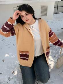 Dazy Petite Plus Plus Size Contrast Color Splicing Jacquard Loose Hooded Cardigan,Fall Women Clothes - Khaki - View 5