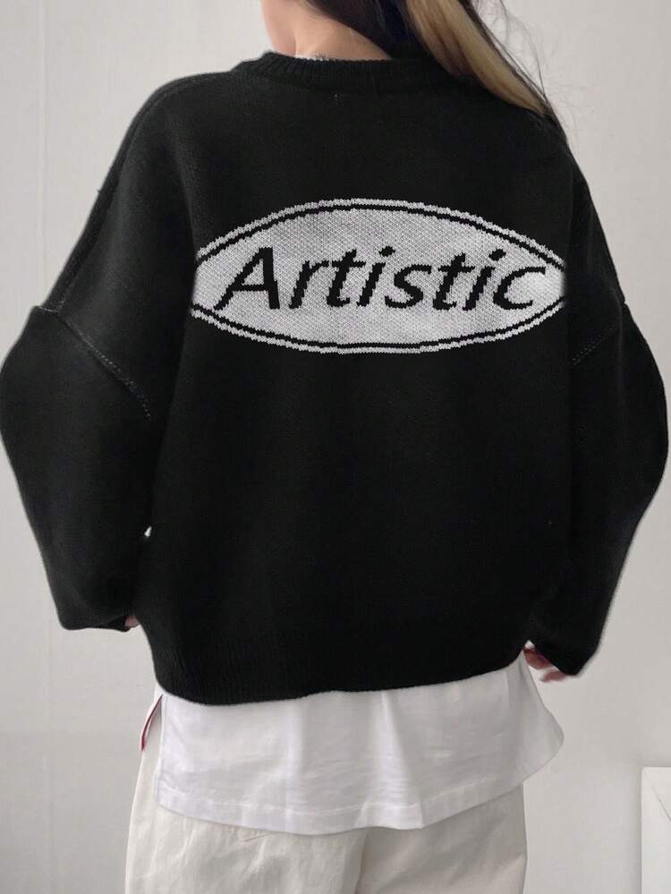 Women's Loose Fit Drop Shoulder Cardigan With Letter Graphic On Back,Fall Clothes Jacket