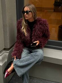 Aloruh 女士时尚性感短款仿皮草大衣，秋冬新品 - 酒紅色 - 查看 8