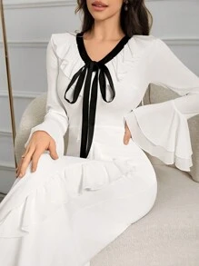 Modelyn Women's Casual Contrast Color Patchwork Front Tie Long Sleeve Ruffle Trim Dress Long Evening Dresses - White - View 6