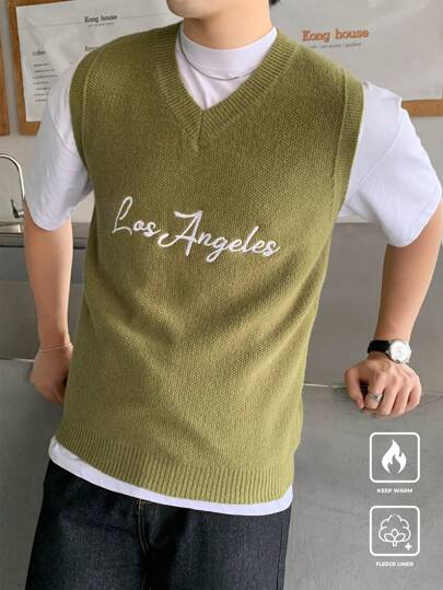 Manfinity CasualKnits Men's V-Neck Sleeveless Letter Print Detail Casual Knit Tank Top