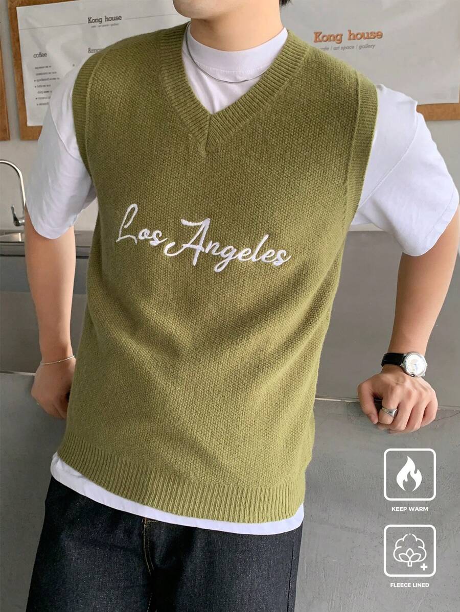 Manfinity CasualKnits 男式 V 领无袖字母印花休闲针织背心 - 彩色 - 查看 1