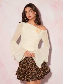 Glamine Asymmetric Collar 3D Rose Decor Semi-Sheer Ruffle Flare Sleeve Fitted Regular Top For Women - Apricot - View 4