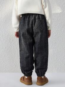 Blossori Young Boys Elegant Gray Plaid Woven Fitted Elastic Waist Pants, Autumn/Winter - Grey - View 2