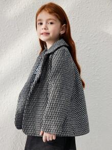 Blossori 年轻女孩法式优雅灰色蝴蝶结领双排扣大衣，秋冬 - 灰色 - 查看 3