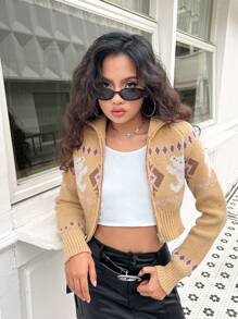 SHEIN Y2K Vintage Jacquard Pattern Contrast Color Dual Zipper Short Knitted Cardigan For Teenage Girls, Autumn/Winter