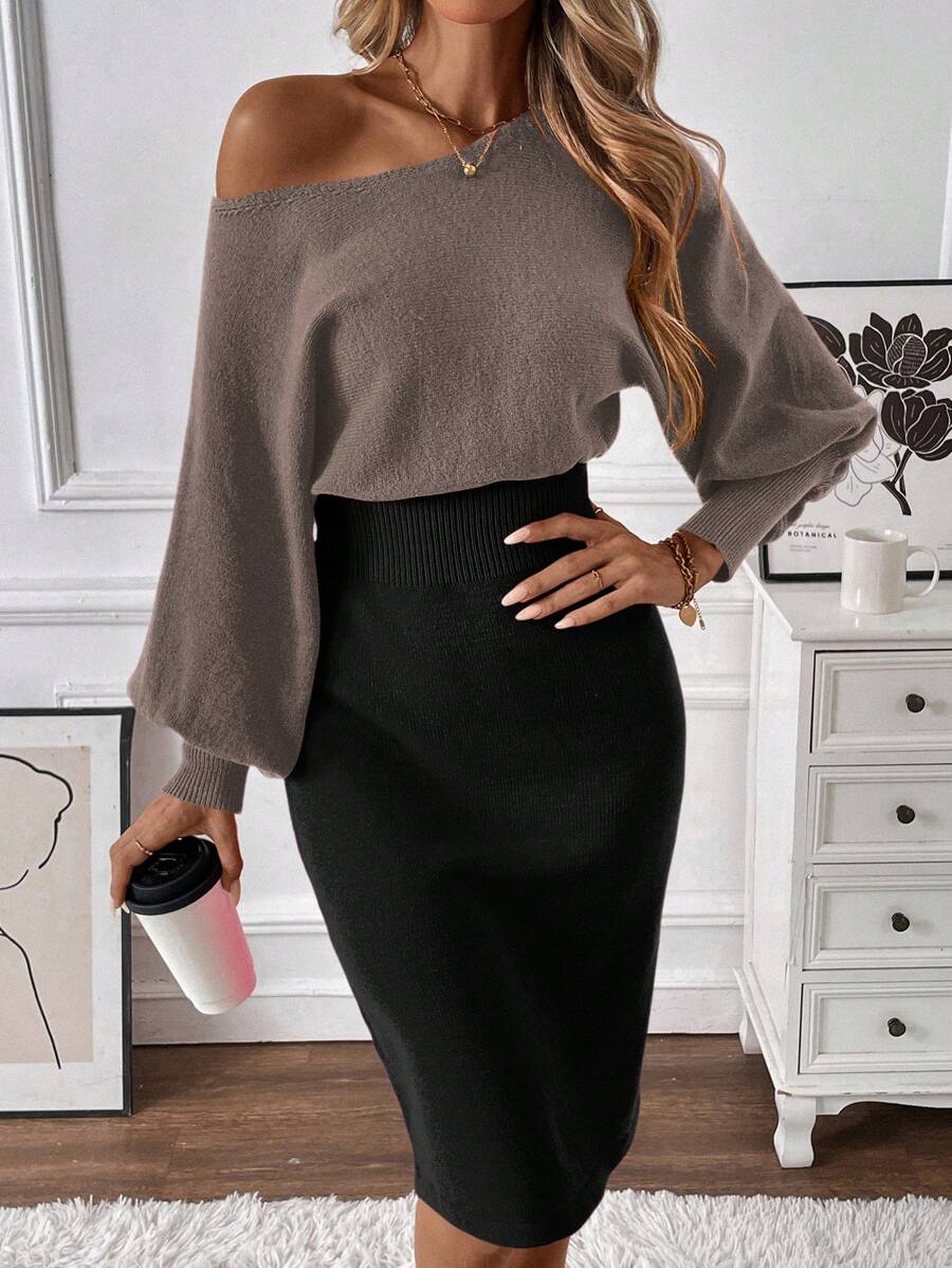 Chiquease 1 件女士纯色斜肩长袖休闲毛衣连衣裙 - 摩卡棕 - 查看 1