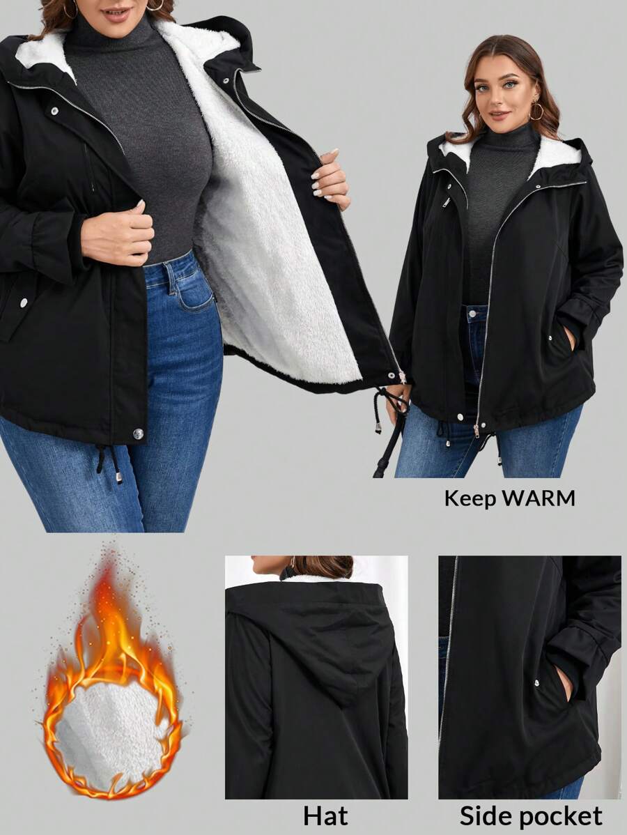 SHEIN Essnce 大码女式连帽毛绒收腰口袋设计黑色外套，适合冬季 - 黑色 - 查看 1