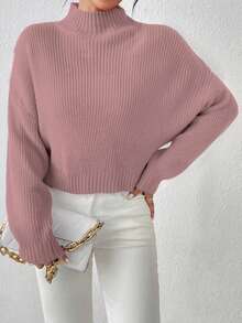 女士基础款可爱短款毛衣，休闲轻盈舒适罗纹针织短款套头衫，长袖毛衣，露脐上衣，灰粉色 - 藕粉色 - 查看 4