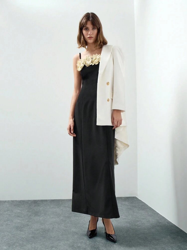 SHEIN Maija Women's Autumn/Winter Party Dress, Simple Elegant Design With 3D Floral Decor, Spaghetti Strap, Long Length