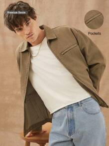 Men Premium Cotton Denim Zip Up Jacket - Brown - View 9